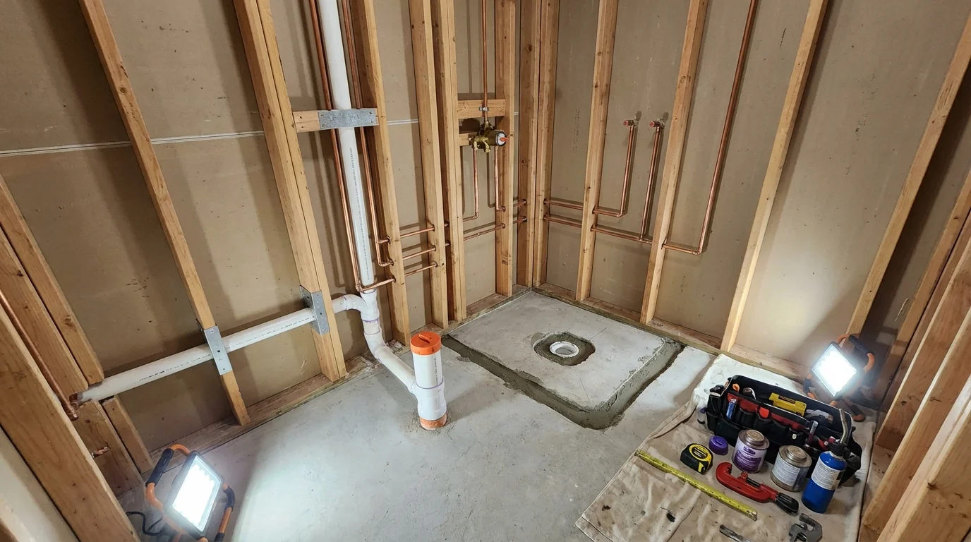 Bathroom rough-in plumbing during remodel by Johns Plumbing LLC in Creola