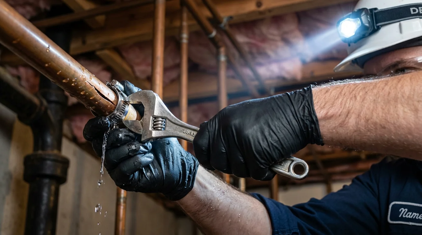 Emergency pipe clamp repair being performed by a Johns Plumbing LLC plumber in Creola