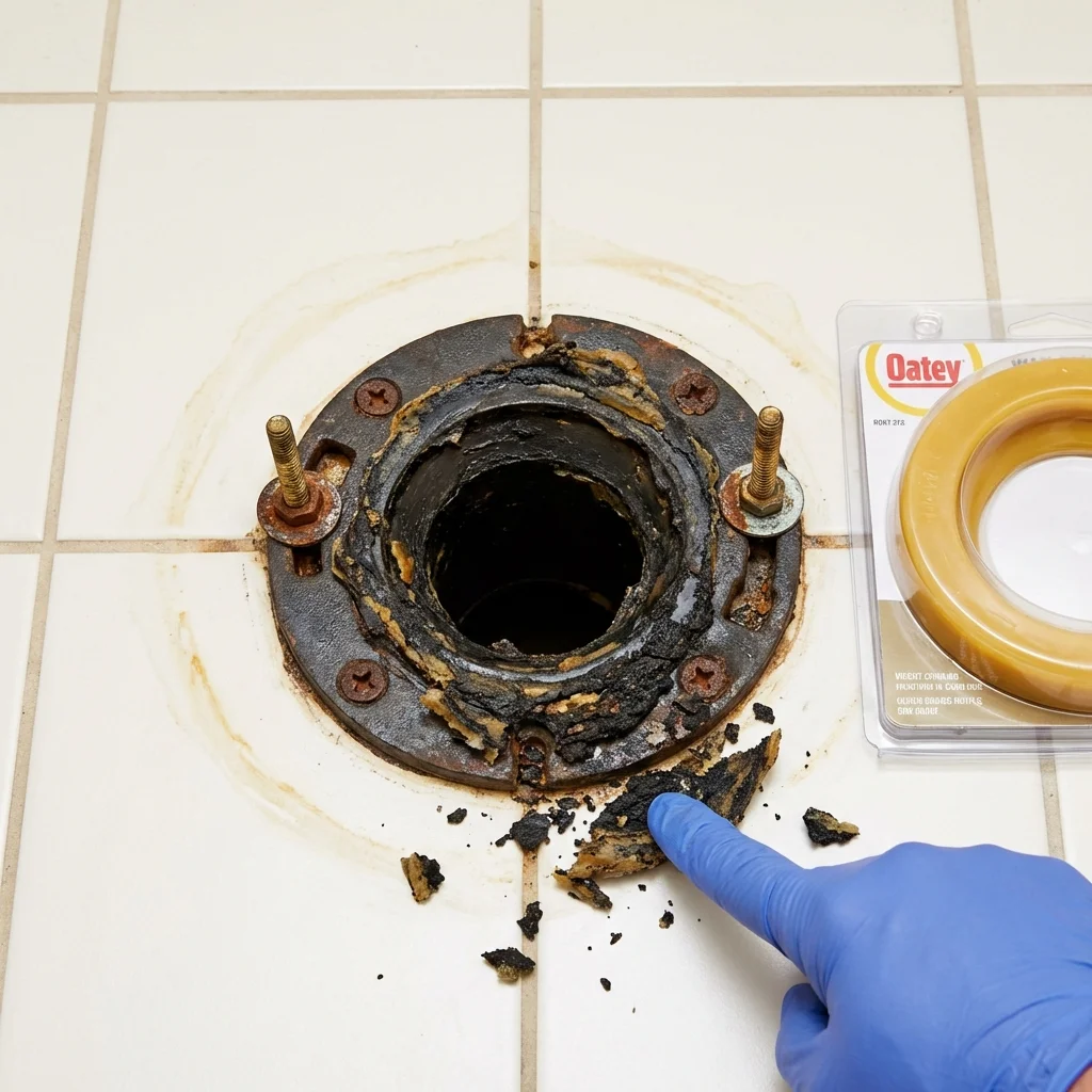 Failed wax ring showing water seepage at the base of a toilet in a Creola, AL home
