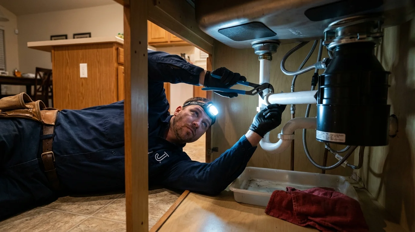 P-trap and supply line connections under a kitchen sink showing a common leak point in Creola, AL